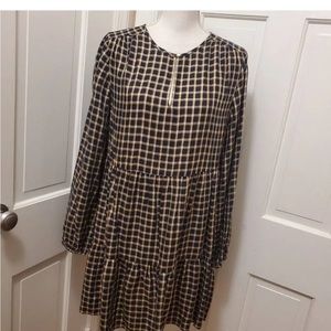 Loft Shimmer Navy Gold Plaid Tiered Long Sleeve Dress - size XS